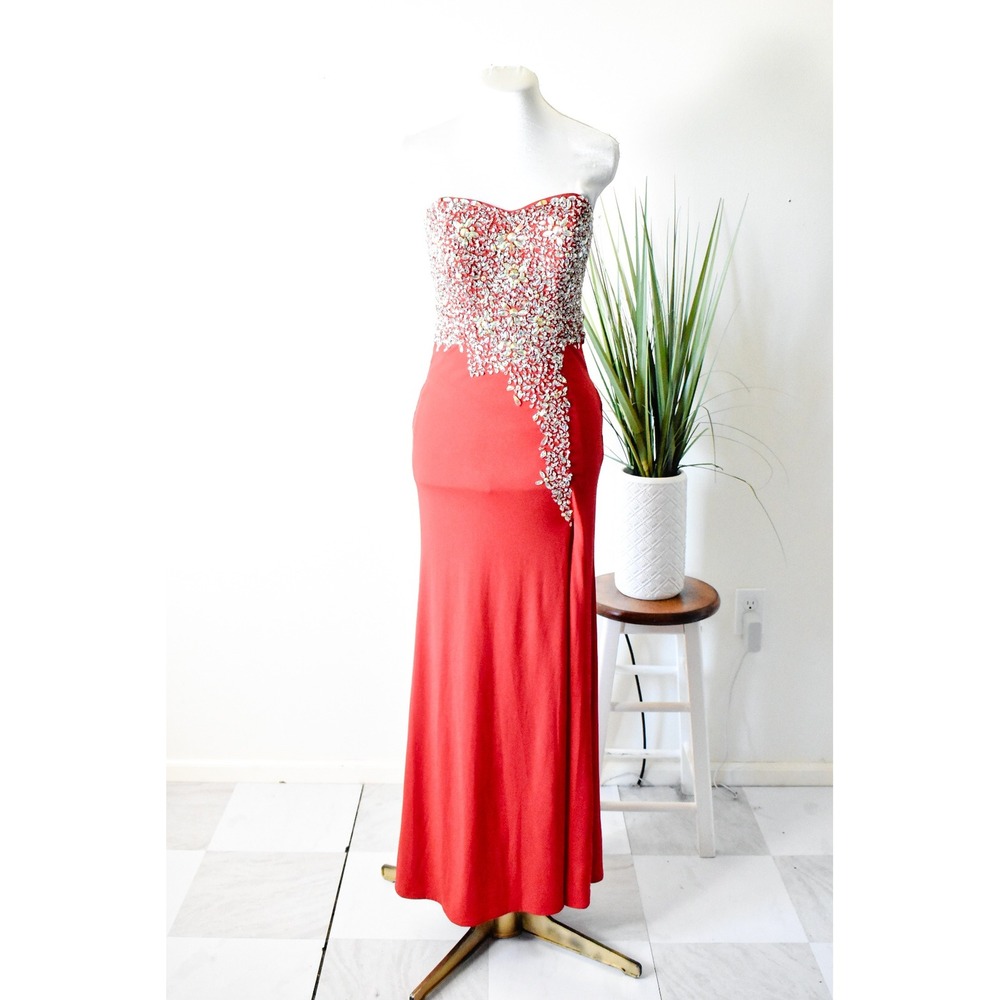 Crystal Sky Formal Gown Women Size 3 Red Y2K Beaded Sequin Strapless Slit Prom